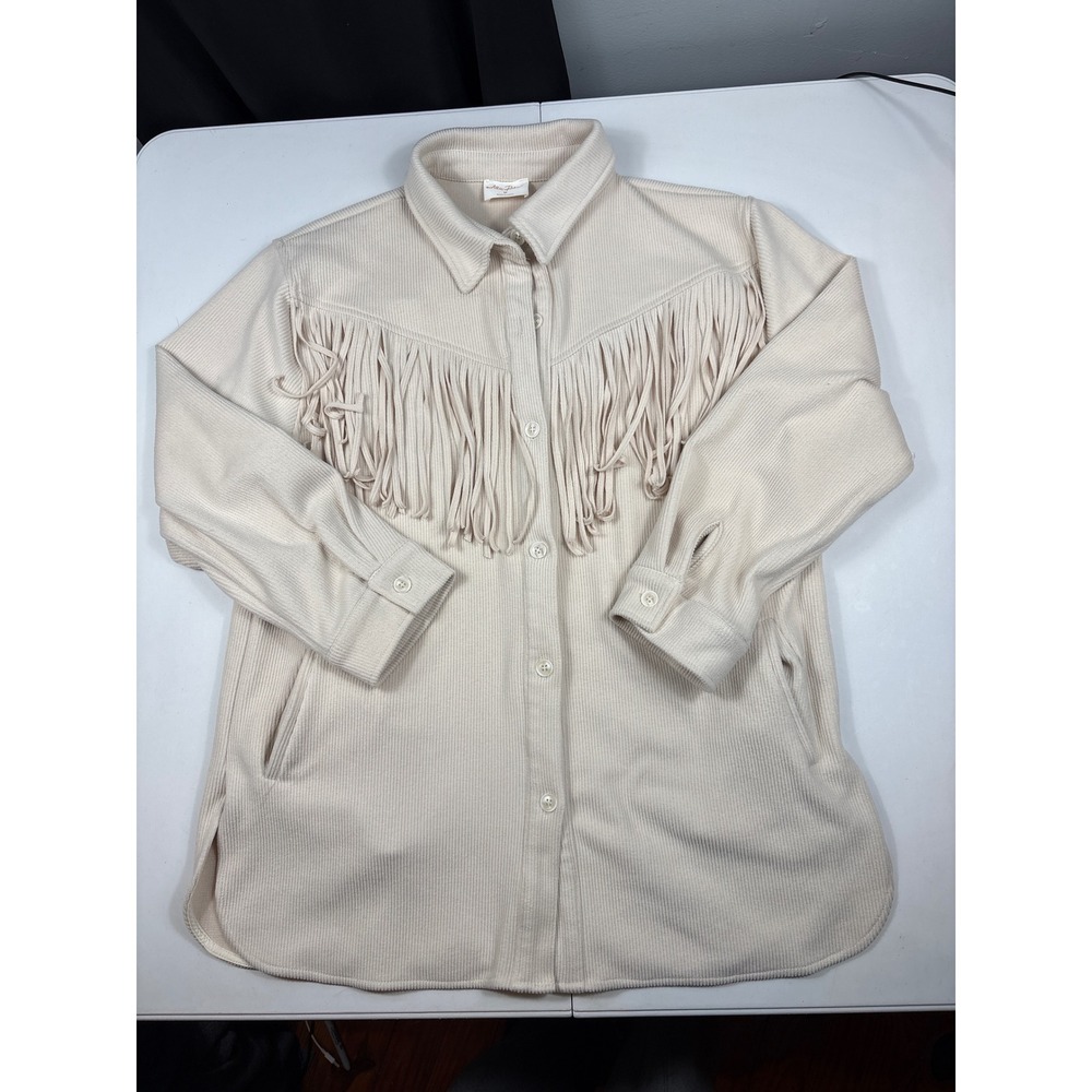 Allie Rose Fringe Shacket Womens M Cream Western Jacket Ribbed Boho
